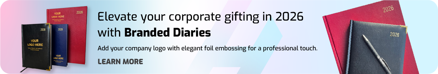 Branded Corporate Diaries for 2026 Foid emboss Diaries Gold Foil company logo